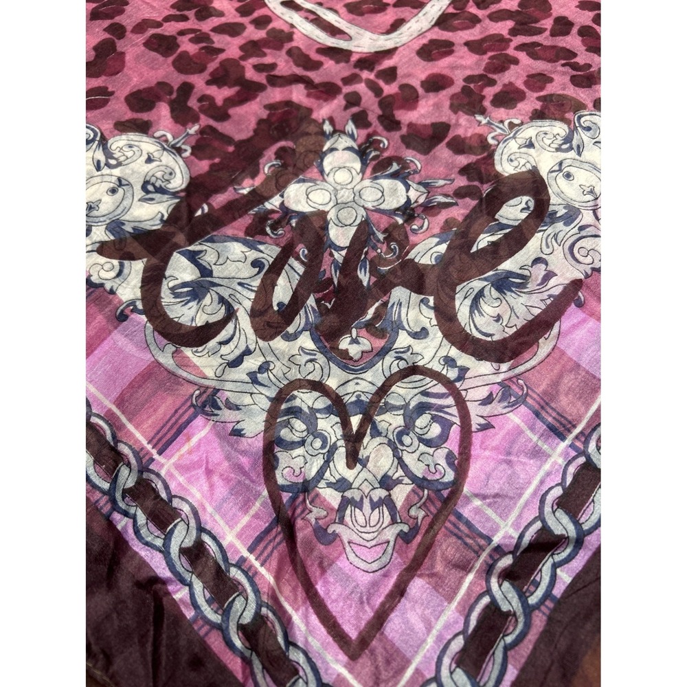 Diwali Paris Love Print Silk Scarf Leopard Heart Chain Pink Purple 37"x37" EUC